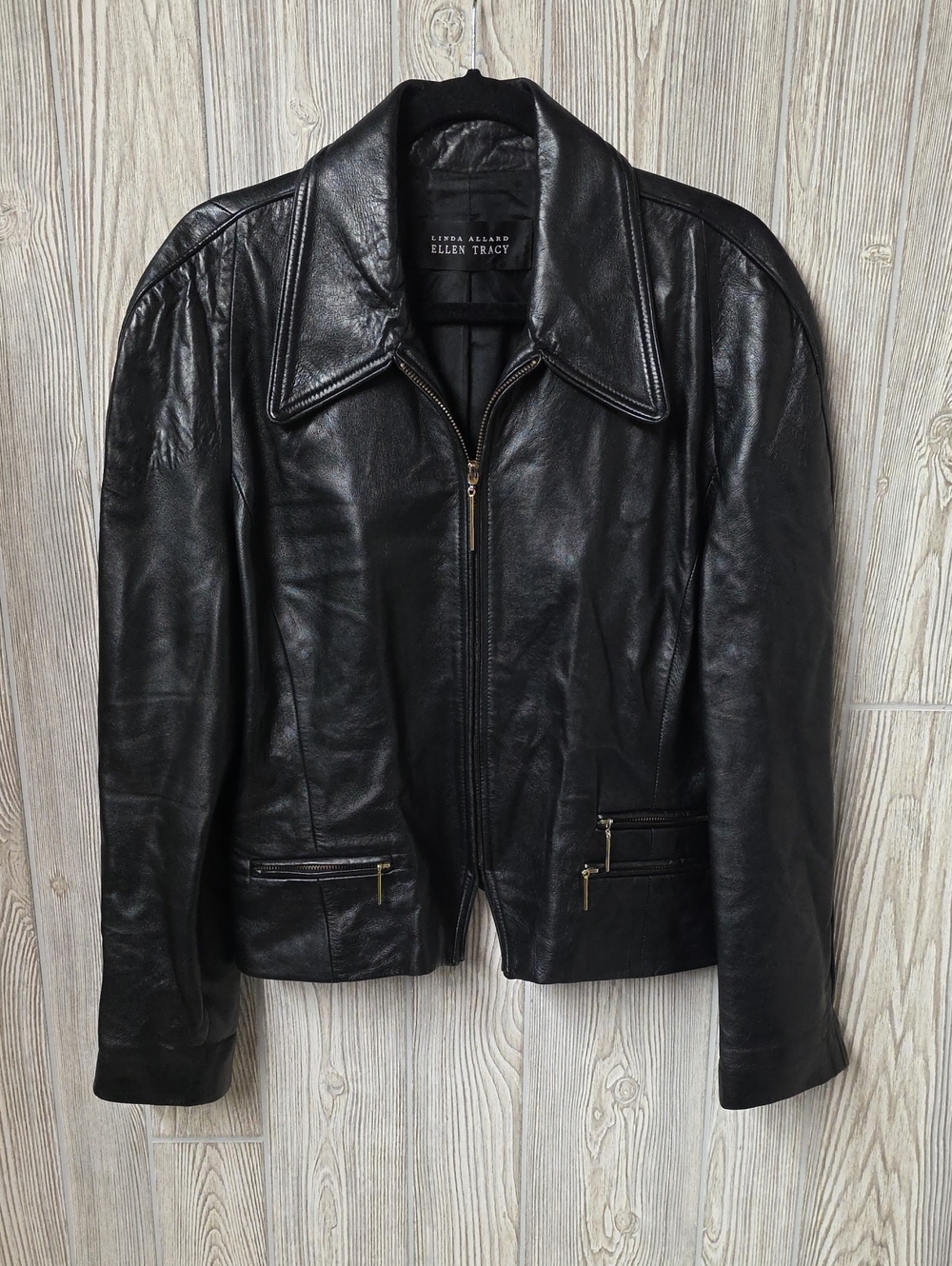 Linda Allard Ellen Tracy Vintage Black Leather Zip Front Jacket Womens Size 14